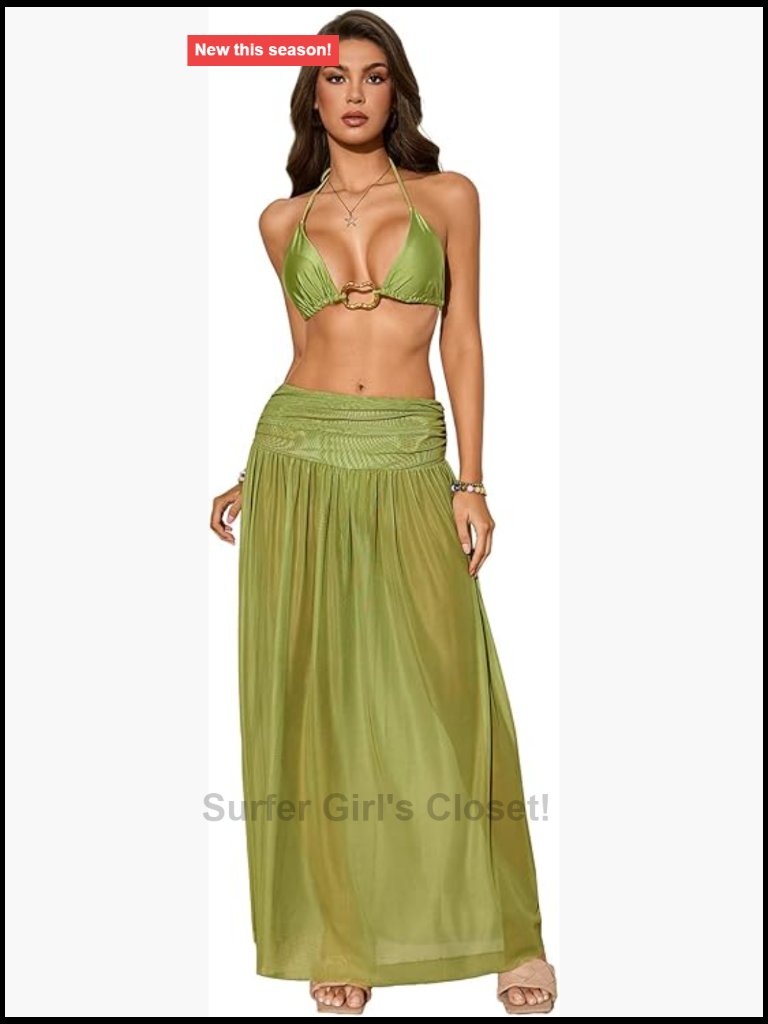 3 Piece Swimsuit Set Halter Bikini With Metal Ring Accents And Long Cover Up